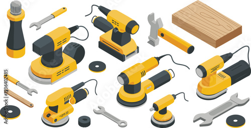 Woodworking power tools isometric vector set, electric sander, grinder, drill, carpentry equipment, workshop tools illustration