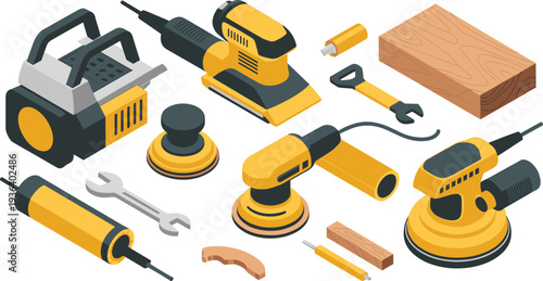 Woodworking power tools isometric vector collection, electric sanders, carpentry workshop equipment, wood processing tools illustration