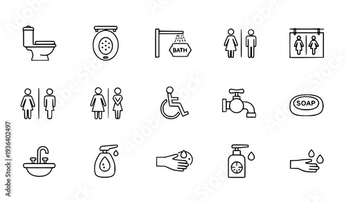A set of minimalist bathroom icons in a flat line art style
