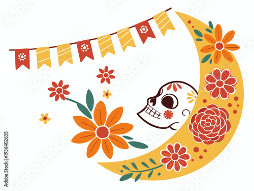 Día de los Muertos poster set, day dead with skull on white background. Halloween costume. Cartoon vector illustration. Holiday Muertos