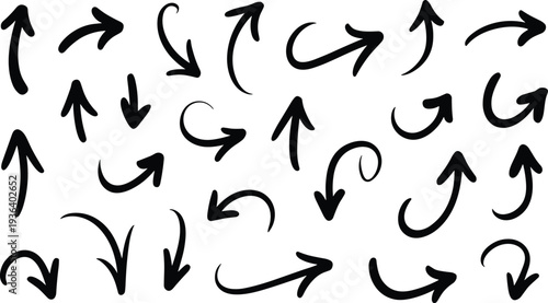 Hand drawn black arrow vector set with various curved and straight pointer shapes for directional design