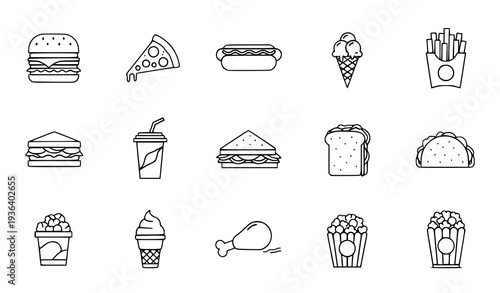 A set of minimalist food icons including burgers, sandwiches, and snacks