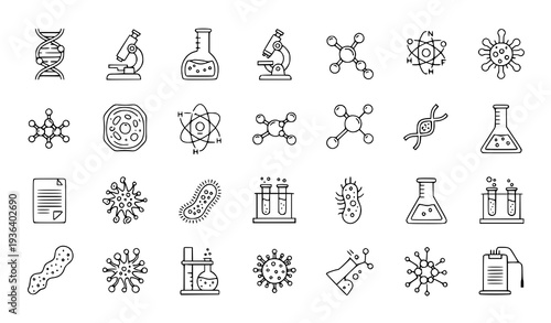 A set of scientific icons and illustrations in a minimal line art style