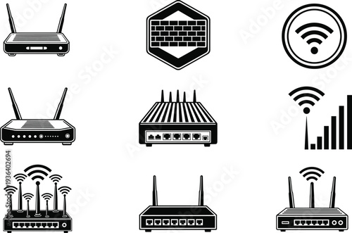 WiFi router and network security icon set, wireless internet modem firewall signal symbols isolated vector illustration collection