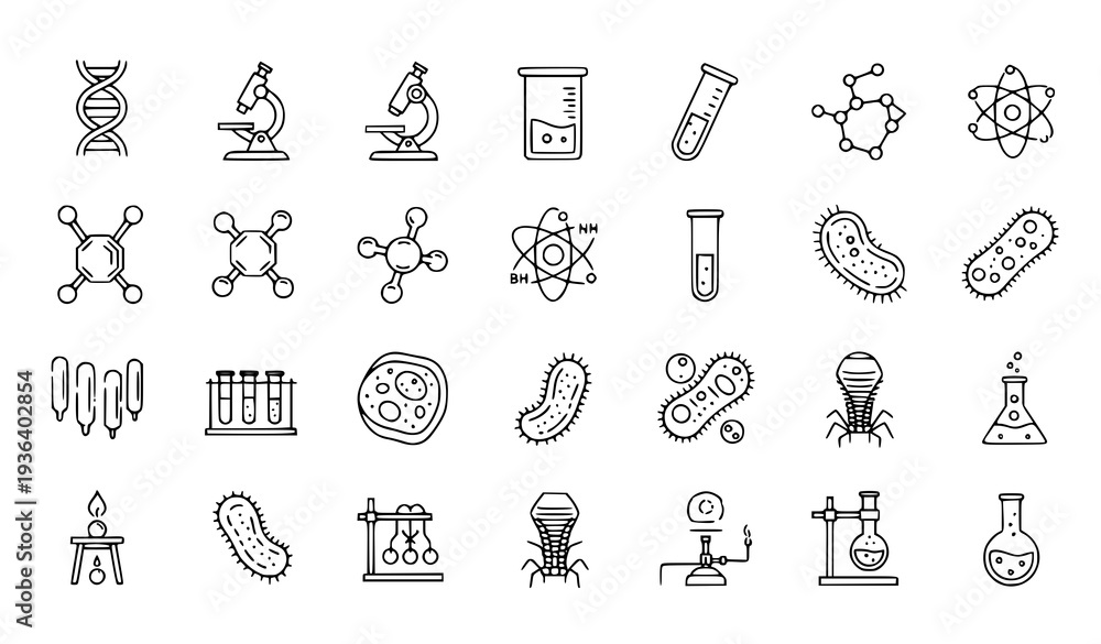 Fototapeta premium A set of scientific icons and illustrations in a minimal line art style