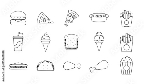 A set of minimalist line art icons depicting various fast food items