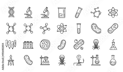 A set of scientific icons and illustrations in a minimal line art style