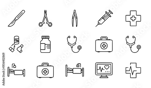 A set of medical icons and symbols in a flat design style