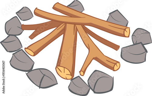 Stone ring for campfire. Woodpile stack cartoon icon