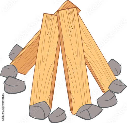 Woodpile cartoon icon. Outdoor fire stone ring
