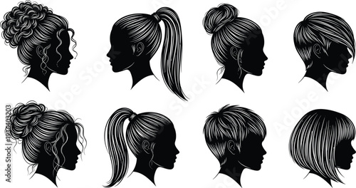 Women hairstyle silhouettes collection, female head profiles with bun ponytail bob short and curly hair vector illustration set