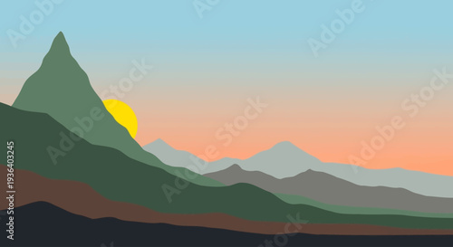Flat design mountain landscape with sunrise over layered hills