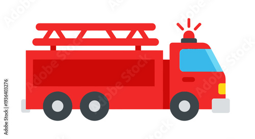 Flat design red fire truck with siren and ladders