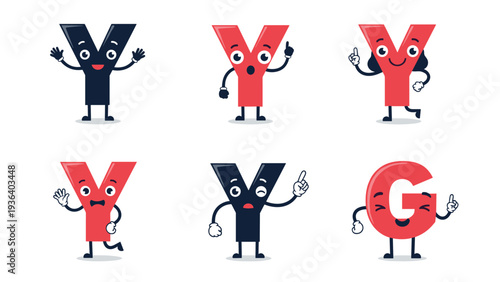 Collection of animated alphabet characters featuring letters Y and G with funny faces and diverse poses for kids educational content.