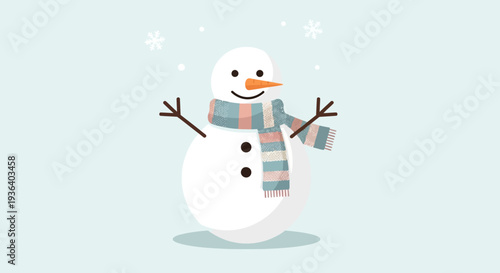 Friendly snowman wearing striped scarf standing in falling snow