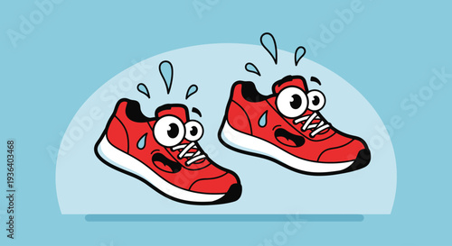 Funny cartoon red running shoes sweating from intense exercise