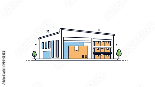Modern warehouse building exterior with open doors showing stacked storage boxes for logistics and distribution industry concepts.