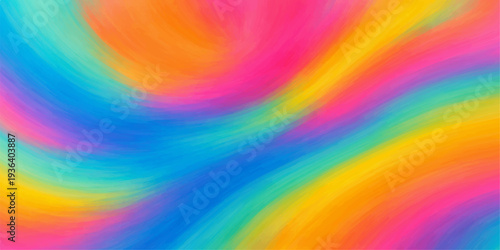 An abstract colorful rainbow background features a bright geometric pattern of multicolor stripes and light effects to create an artistic vector wallpaper design with a seamless spectrum texture