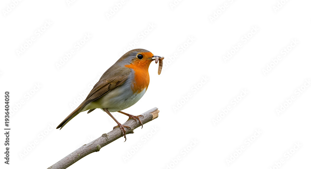 Fototapeta premium European robin perched on a branch holding a worm against a clean white background in a cutout style perfect for design use
