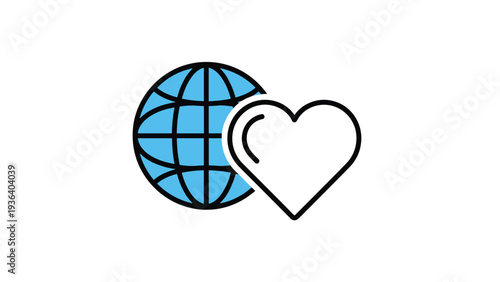 Global love and care concept icon featuring a blue earth globe with a white heart symbol representing worldwide unity and peace.