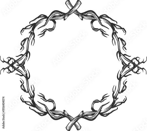 Wooden twig circle. Branch wreath hand drawn frame