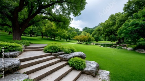 Park garden steps leading to tranquil pond