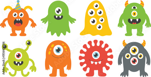Cute colorful monster character set with funny expressions and unique shapes for children party design projects