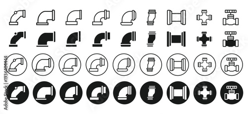 Water Pipe Connector Icons.Plumbing Pipe Fittings and Valve.Line and Solid Water Pipe Connector Vector Collection