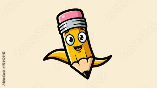 pencil mascot logo, education vector illustration, bold thick outline, simple flat design, bright colors