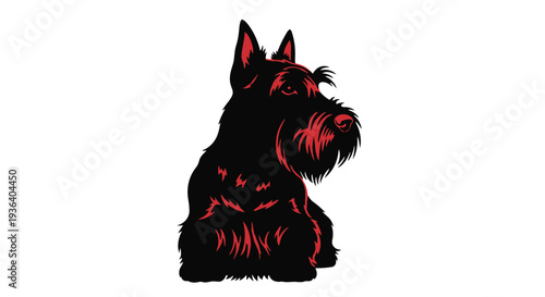 A black and red illustration of a scottish terrier dog with a striking appearance and distinctive beard