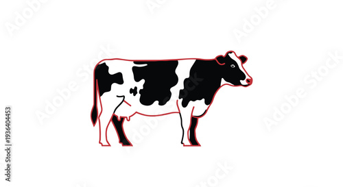 A black and white cow with red outline standing on looking right