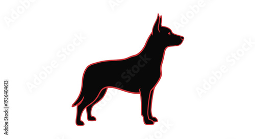 A black dog silhouette with red outline standing on looking right