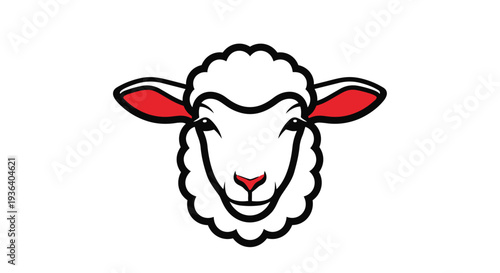 A cartoon illustration of a smiling sheeps head with red ears