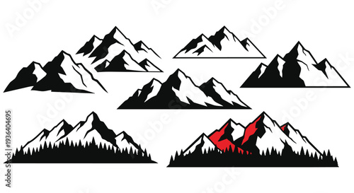 Collection of mountain silhouettes with snow and trees in black and red