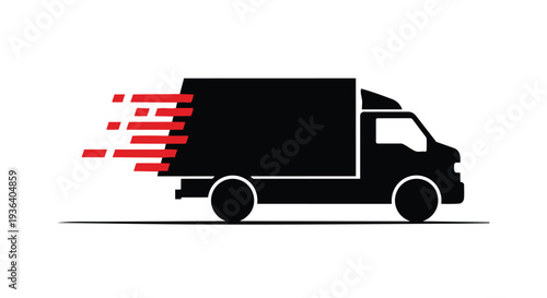 A black silhouette of a delivery truck speeding with red motion lines