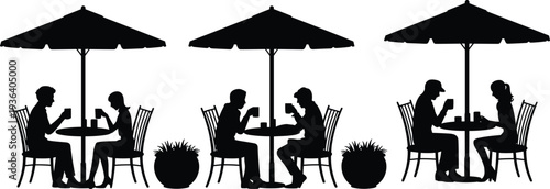 Silhouette of couples drinking coffee at outdoor cafe tables under umbrellas, social interaction and romantic meeting concept vector illustration isolated on white background