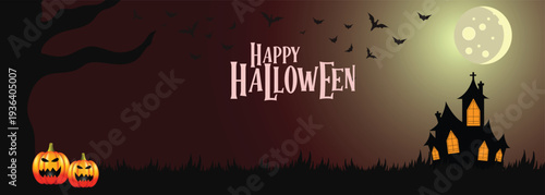 Happy Halloween flyer design with scary pumpkin face, hunted house, flying fox, full moon, 3d text, Ideal for Halloween promotions, invitations, and decorations, vector art illustration