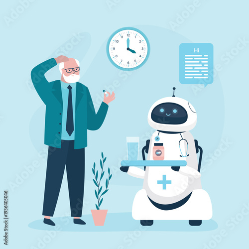 Elderly man take pills. Diagnosis and treatment. Medicine and healthcare. Robot helper holding vials and drugs, controls intake of medications. Drug reminder