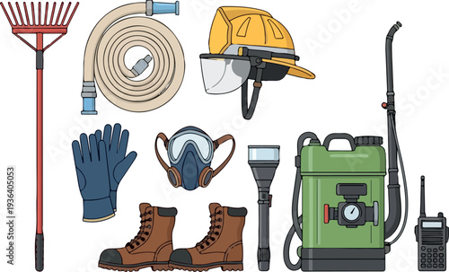 Firefighting equipment laid out on the ground, including helmets, boots, and machinery, for emergency preparedness, viewed from directly above