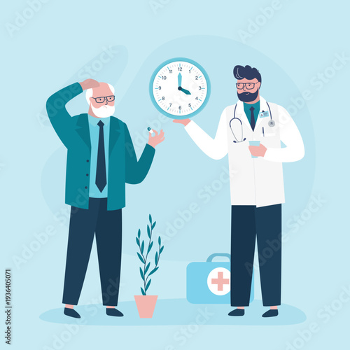 Elderly man take pills. Diagnosis and treatment. Medicine and healthcare. Doctor controls intake of medications. Drug reminder, set disease medication schedule.