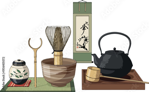 Traditional Japanese tea ceremony setup on wooden and green mats with teapot, tea scoop, and bamboo whisk in a serene environment from a front viewpoint