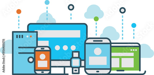 Cloud computing color concept. Shared data devices