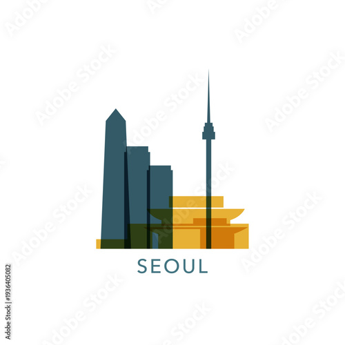 Seoul logo, clip art with cityscape, skyline, panorama, sightseeing. Vector flat isolated illustration. South Korea city image with landmarks and buildings