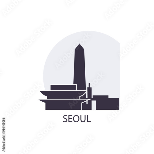 Seoul logo, clip art with cityscape, skyline, panorama, sightseeing. Vector flat isolated illustration. South Korea city image with landmarks and buildings