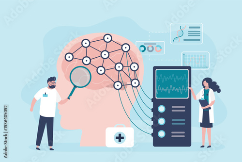 Electroencephalogram, scientific brain disease research. Medical banner. Test human brain in patients head through sensors connected to lab EEG machine.