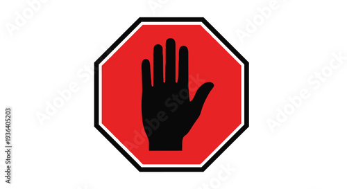 Red octagonal sign with a black hand palm outward on for warning or rejection