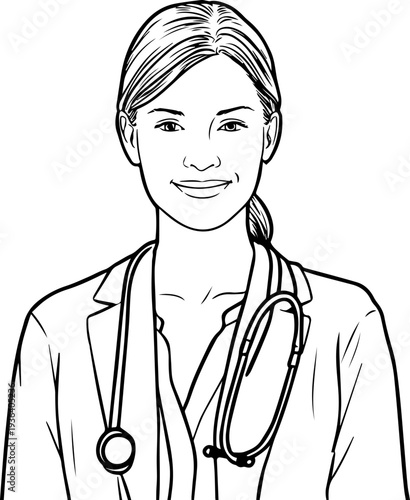 Hand Drawn Female Doctor Black and White Avatar Illustration in Minimal Line Art Style Design