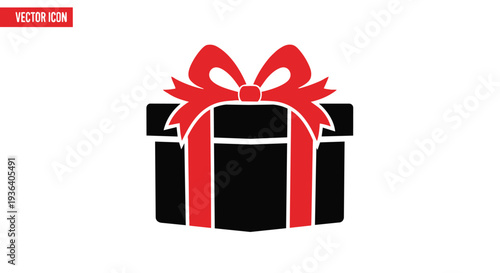 A black gift box with a red ribbon tied in a bow on top