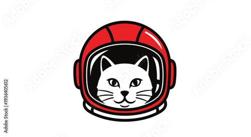 A white cat wearing a red astronaut helmet on isolated with a curious expression
