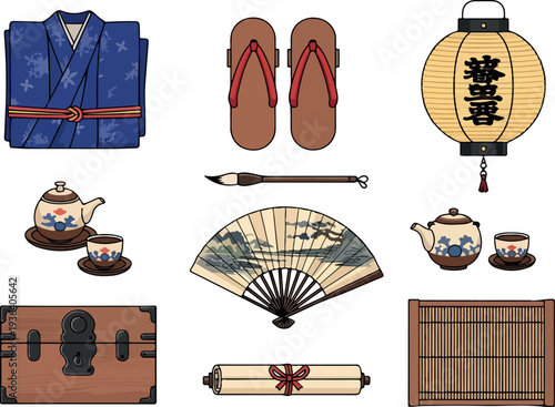 Collection of traditional Japanese items including kimono, geta, lantern, tea set, and scroll displayed on a white background from a straightforward viewpoint